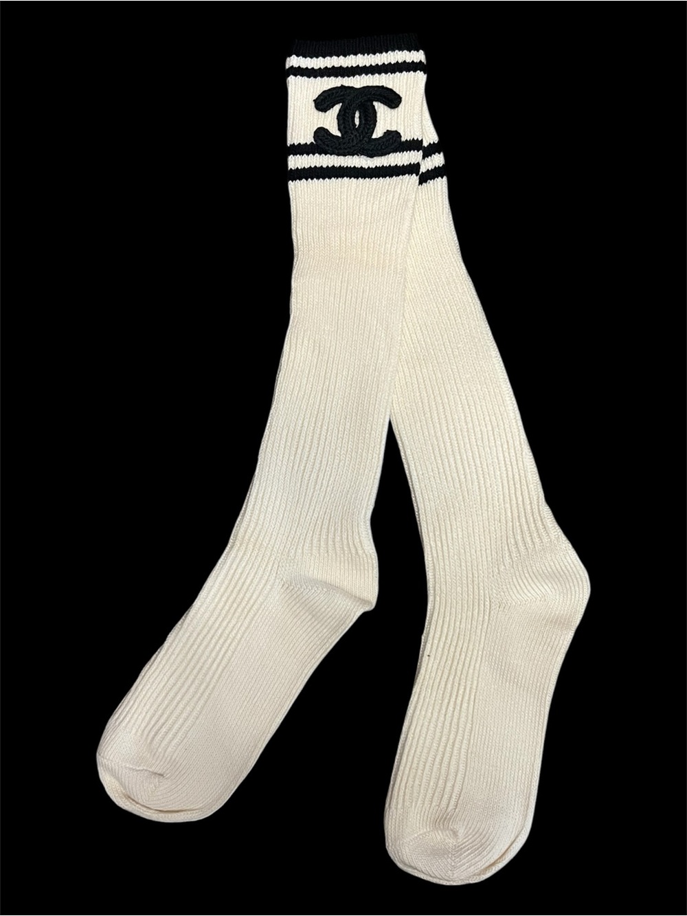 New ChaneI. Off White and Black Logo Knee Hight Socks